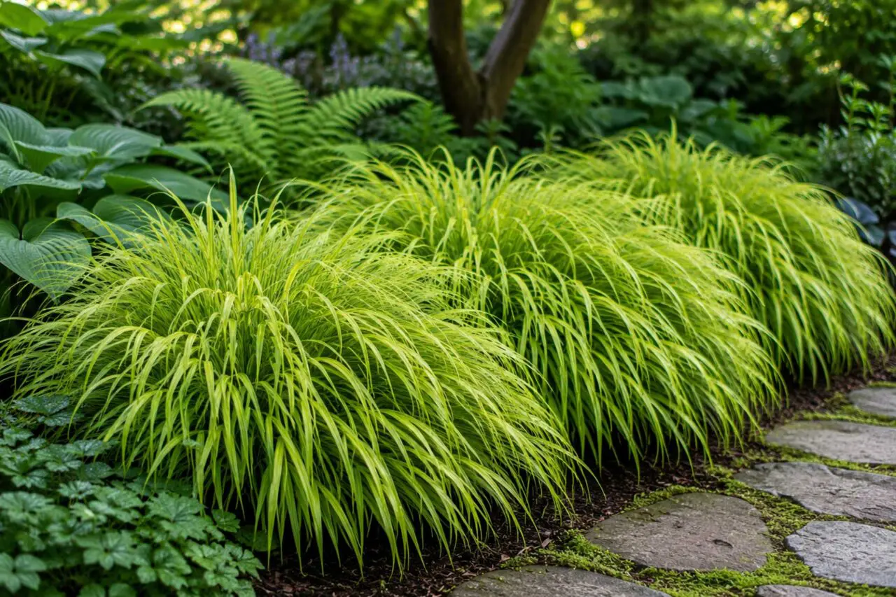 Hakonechloa, or Japanese forest grass, creates bright, cascading texture in shaded gardens. Best used along stone paths, steps, woodland edges, and patios where a softer, flowing effect is needed.