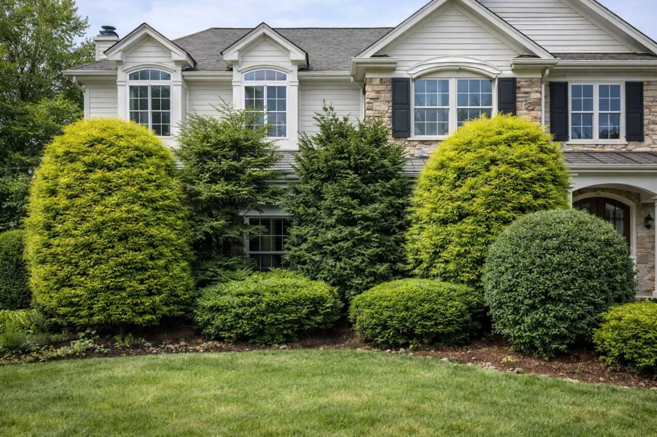 Overgrown hedges and foundation plantings have grown beyond their intended scale, blocking windows and obscuring the home’s architecture