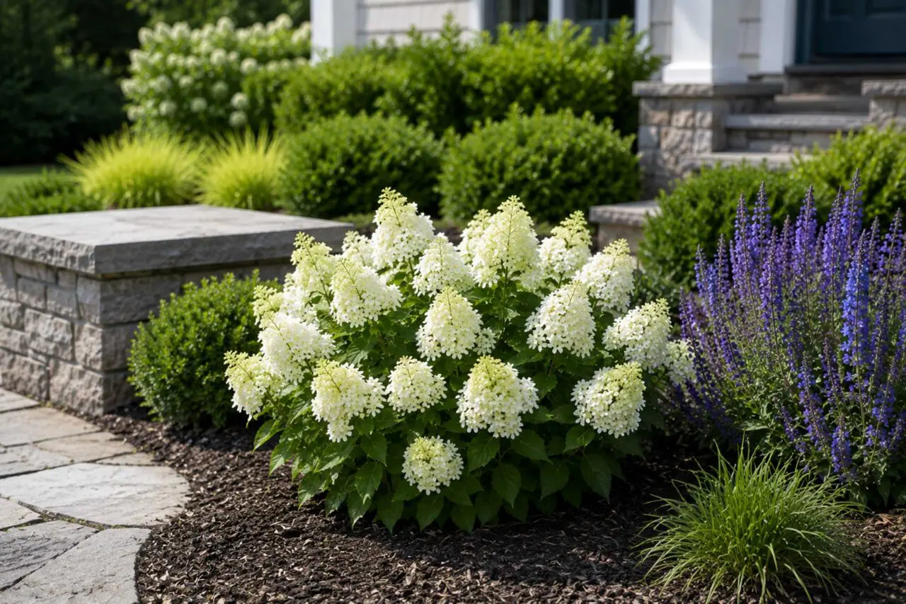 Bobo® Hydrangea – A compact, rounded panicle hydrangea that produces an abundance of large white flowers, often aging to soft pink later in the season.