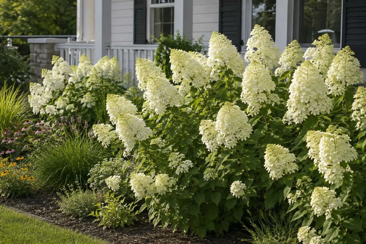 Limelight® Hydrangea – A large, vigorous panicle hydrangea known for its substantial lime-green flower clusters that transition to creamy white and soft pink.