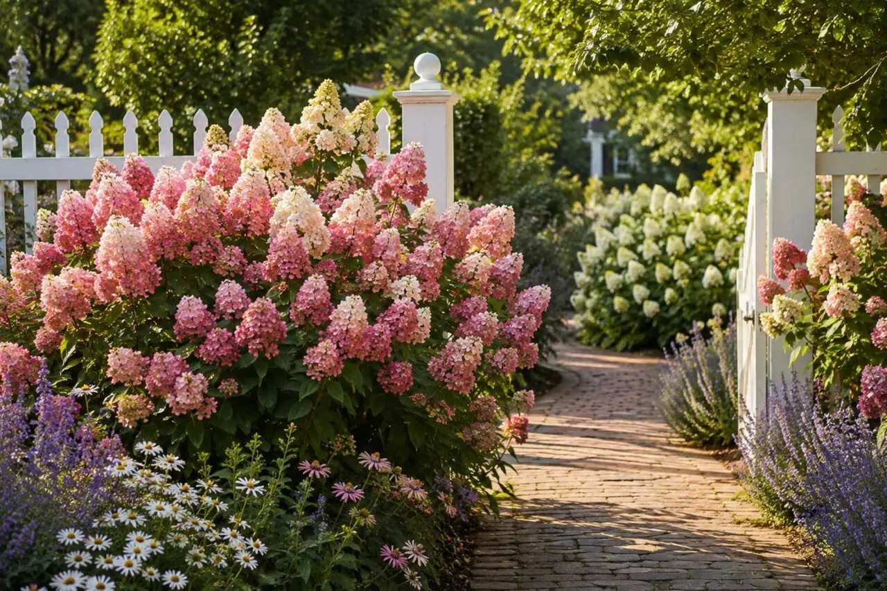 Pink and white panicle hydrangeas frame a brick garden path, complemented by perennials and a white picket fence in a lush summer landscape.