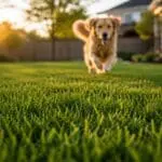 A dog runs across a lush green lawn toward the camera in warm golden-hour light, with the foreground grass sharply emphasized and the background softly blurred to create a sense of movement and depth.