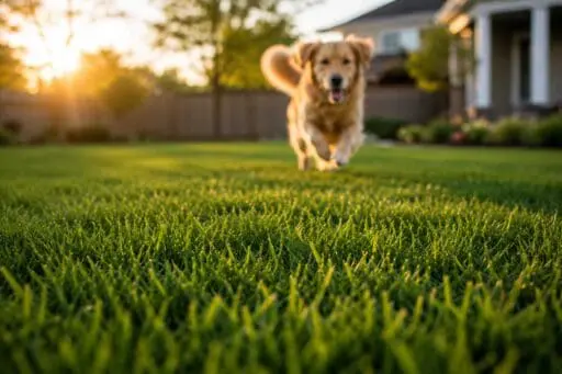A dog runs across a lush green lawn toward the camera in warm golden-hour light, with the foreground grass sharply emphasized and the background softly blurred to create a sense of movement and depth.