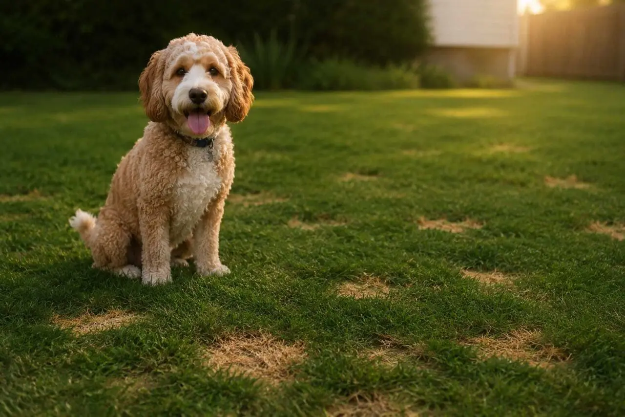 A dog sits on a patchy grass lawn with visible urine damage spots, highlighting a common challenge in pet-friendly landscape design.