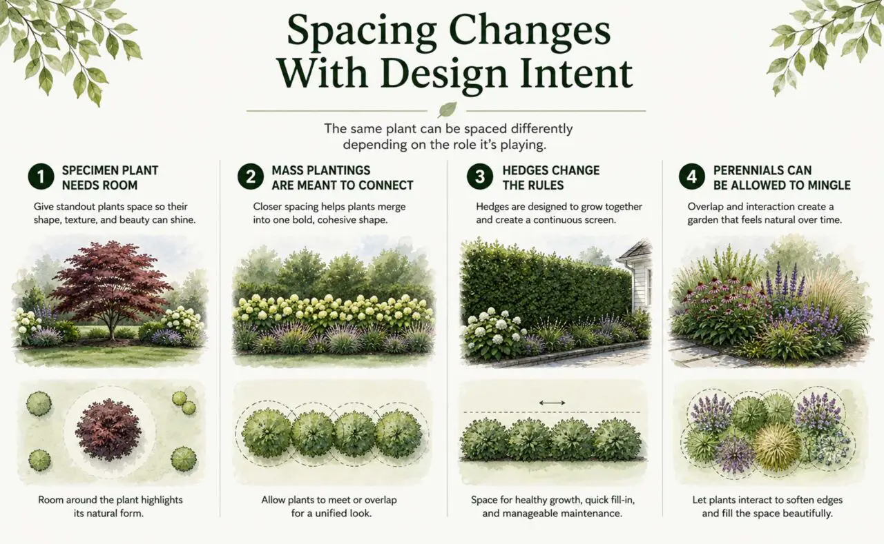 Infographic: How plant spacing changes with design intent, from giving specimen plants room to stand alone to allowing mass plantings, hedges, and perennials to grow together naturally.