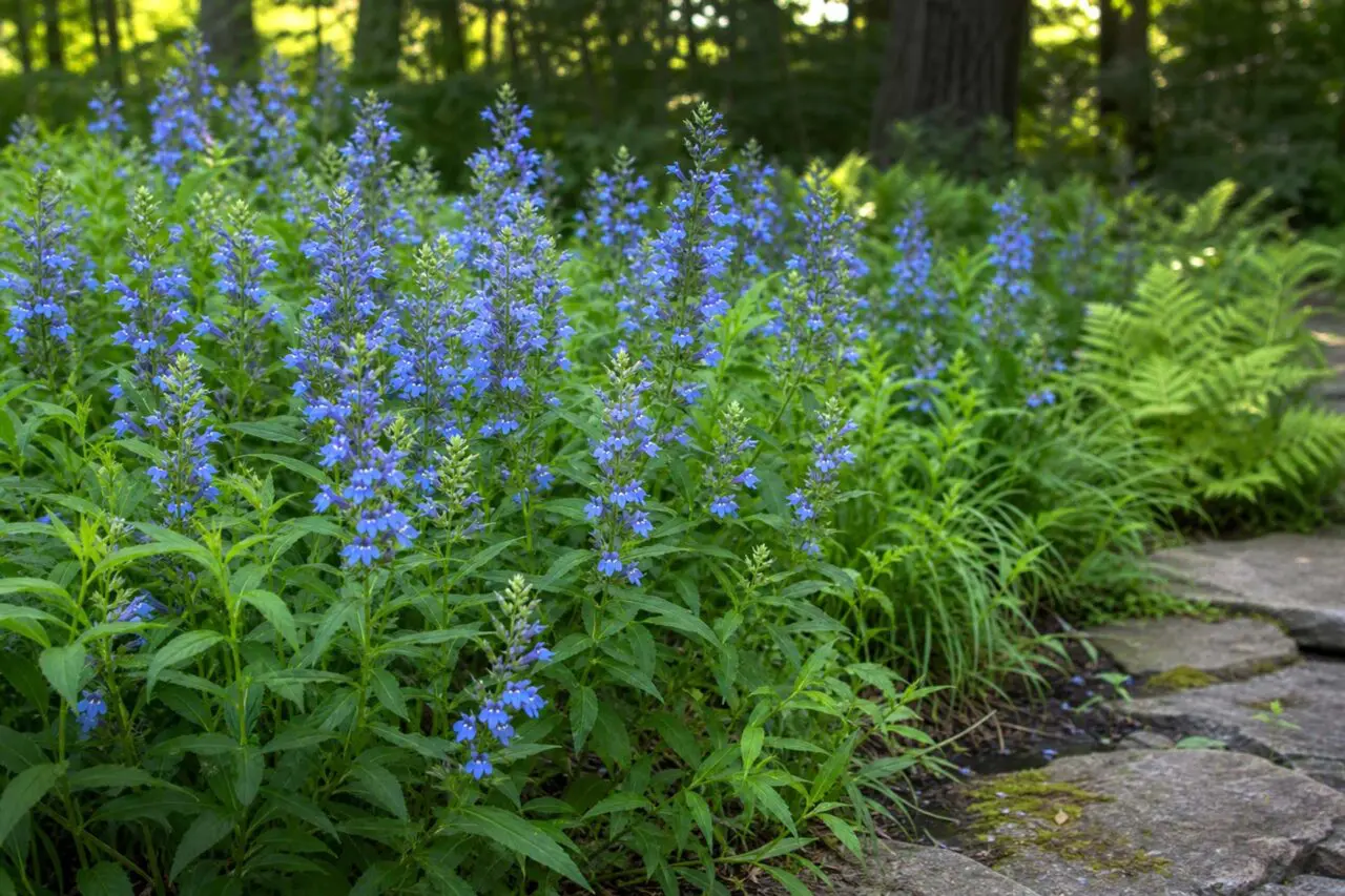 Great Blue Lobelia adds clear late-summer color and upright texture to rain gardens, woodland edges, and other moisture-retentive areas of Massachusetts landscapes.