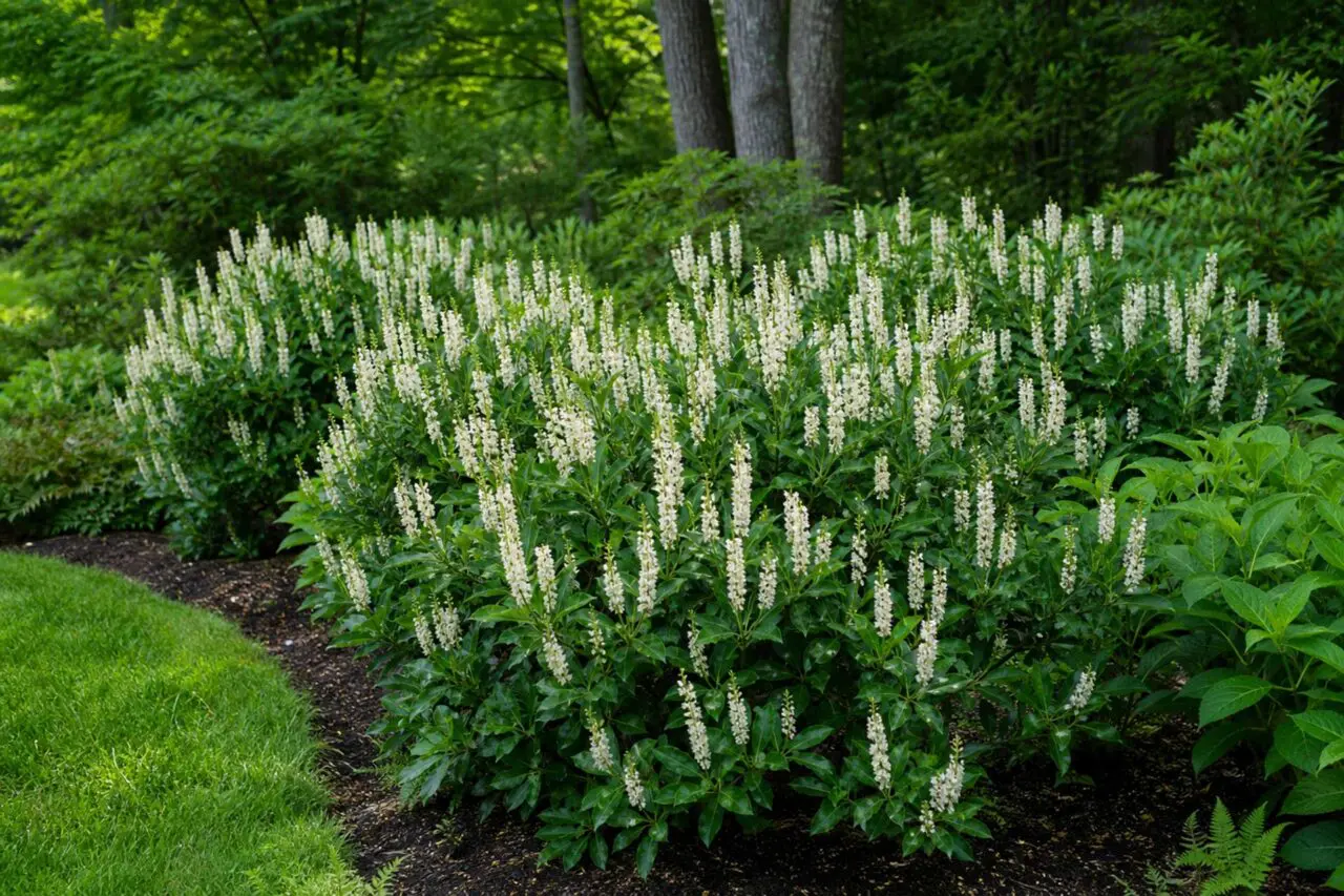 Summersweet brings fragrant summer flowers and polished structure to moisture-retentive areas, making it a versatile choice for wet spots and rain gardens in Massachusetts landscapes.