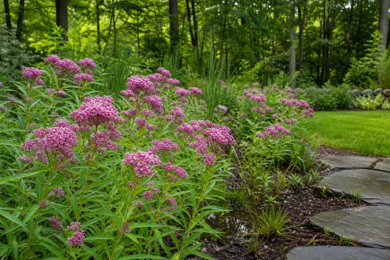 Swamp Milkweed brings rosy summer flowers and pollinator value to rain gardens and other sunny, moisture-retentive areas of Massachusetts landscapes.