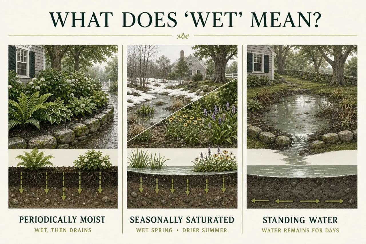 Three common wet-site conditions require different planting strategies: periodically moist soil, seasonally saturated ground, and persistent standing water.