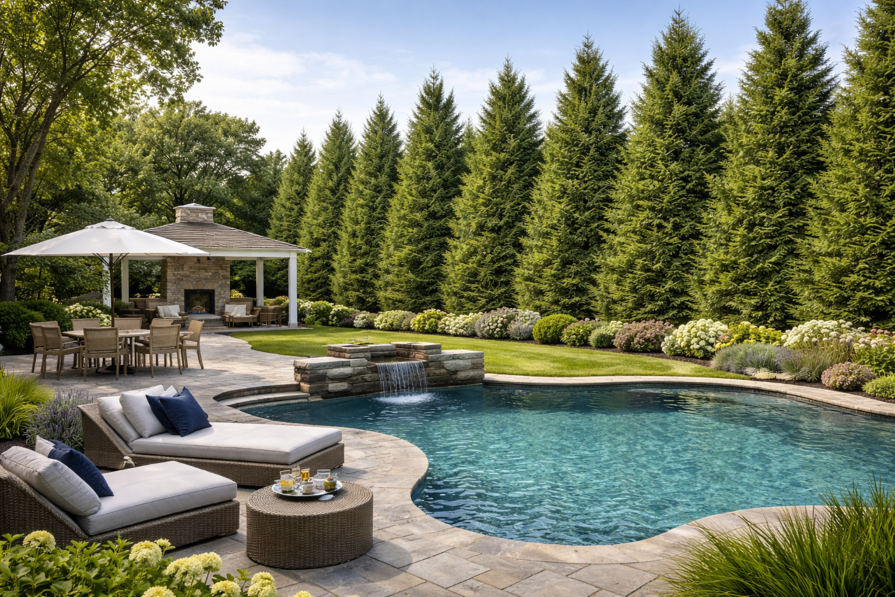 A mature stand of Eastern Red Cedar creates a lush, year-round privacy screen, enclosing this resort-style backyard with layered plantings and refined outdoor living spaces.