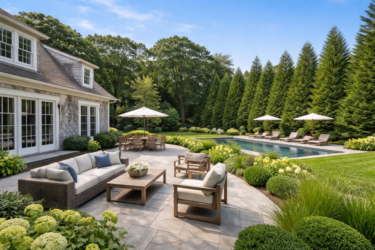 The tall evergreen privacy trees shown behind the pool appear to resemble Green Giant Arborvitae (Thuja standishii × plicata), which are commonly used for privacy screening throughout Massachusetts and Greater Boston.