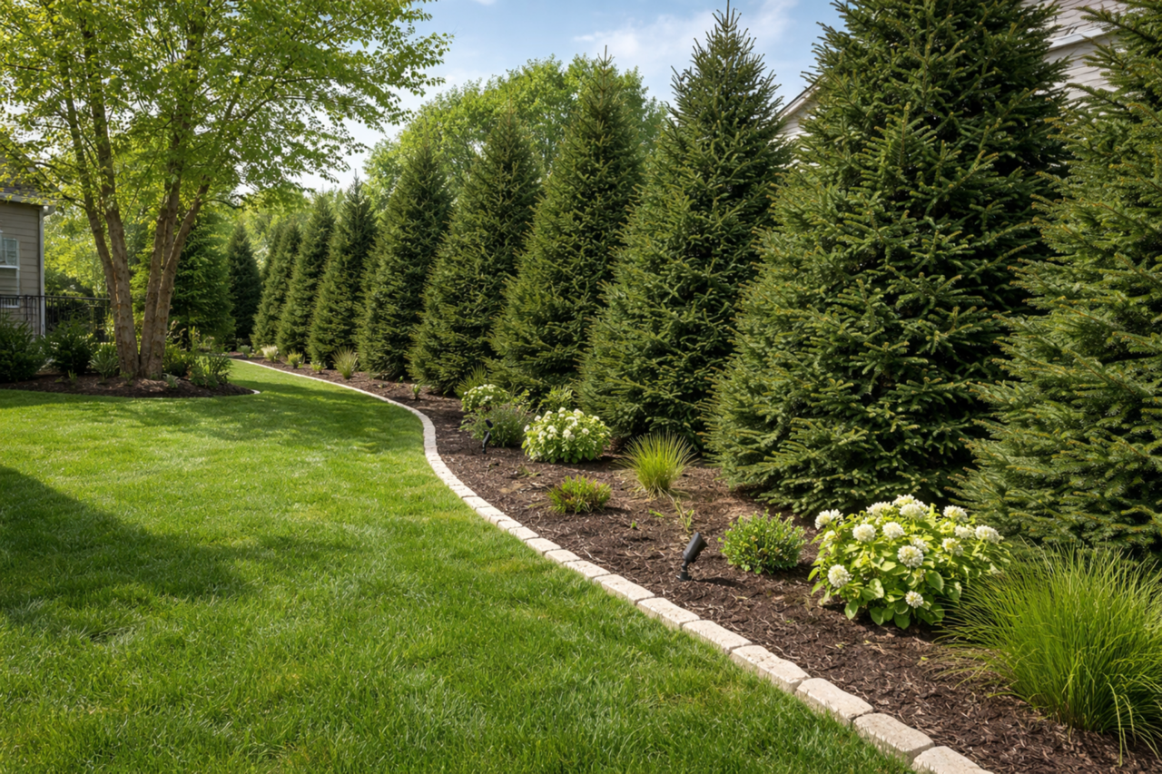 A staggered row of Norway Spruce creates a dense, year-round privacy screen, softening the property line while maintaining a natural New England landscape aesthetic.