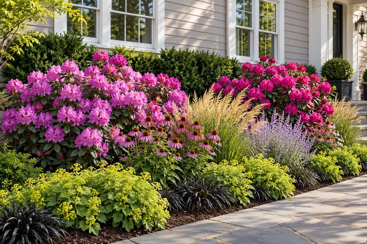 Pink and magenta rhododendrons anchor a layered foundation garden, showing how spring flowers, evergreen structure, and generous spacing can create an attractive planting for a Boston-area home.