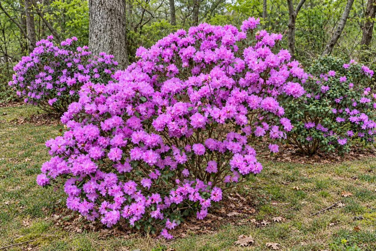 Lavender-pink PJM rhododendrons brighten a sheltered woodland edge, illustrating the early spring color and natural planting character of this Massachusetts-developed hybrid group.