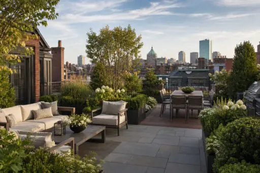 An elegant Boston rooftop terrace featuring layered gardens, comfortable lounge and dining areas, and sweeping views across the city.