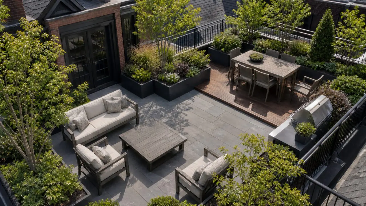 A finished Boston rooftop terrace with distinct dining and lounge areas, restrained planting, and views across the city.