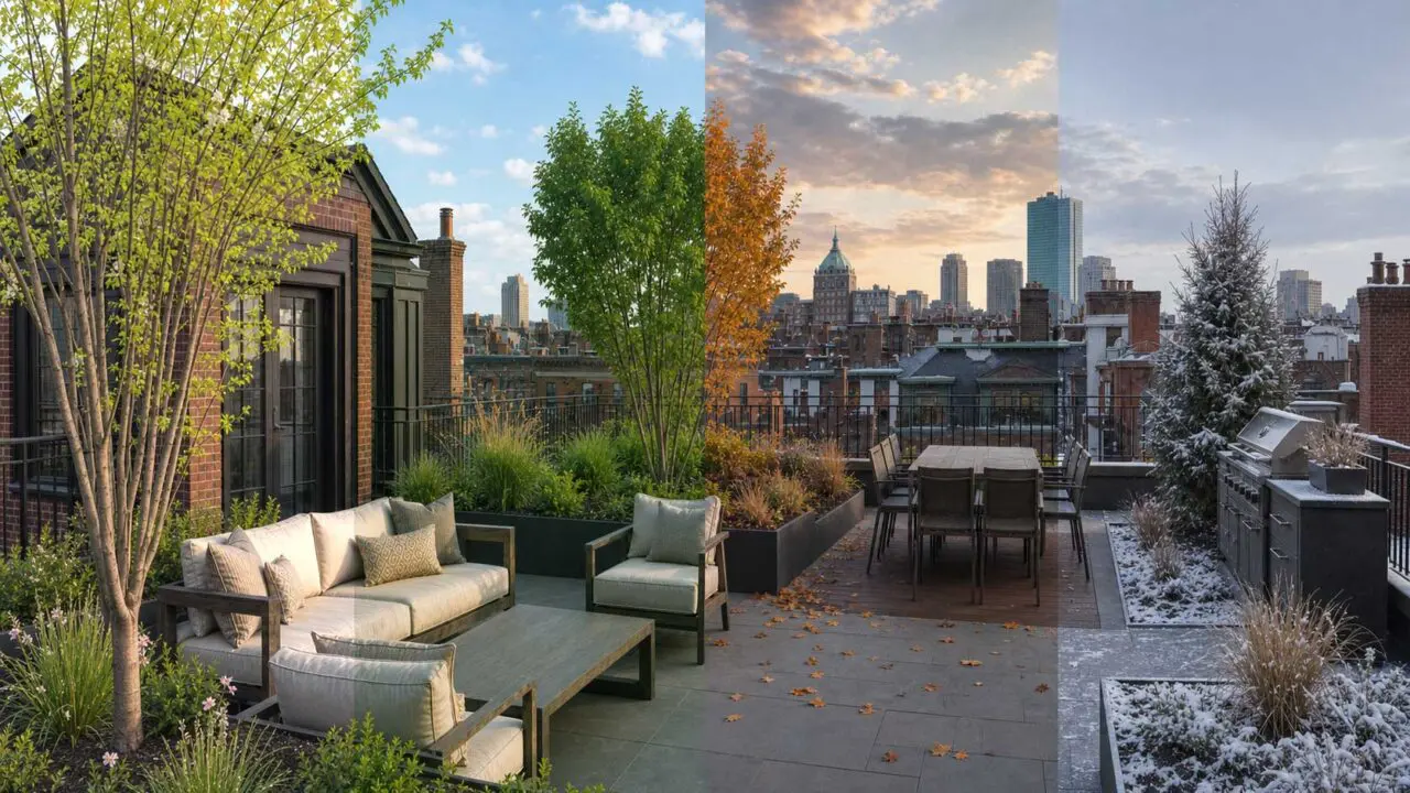 The Boston rooftop terrace changes through spring blooms, lush summer foliage, rich autumn color, and the quiet structure of a snow-dusted winter garden.
