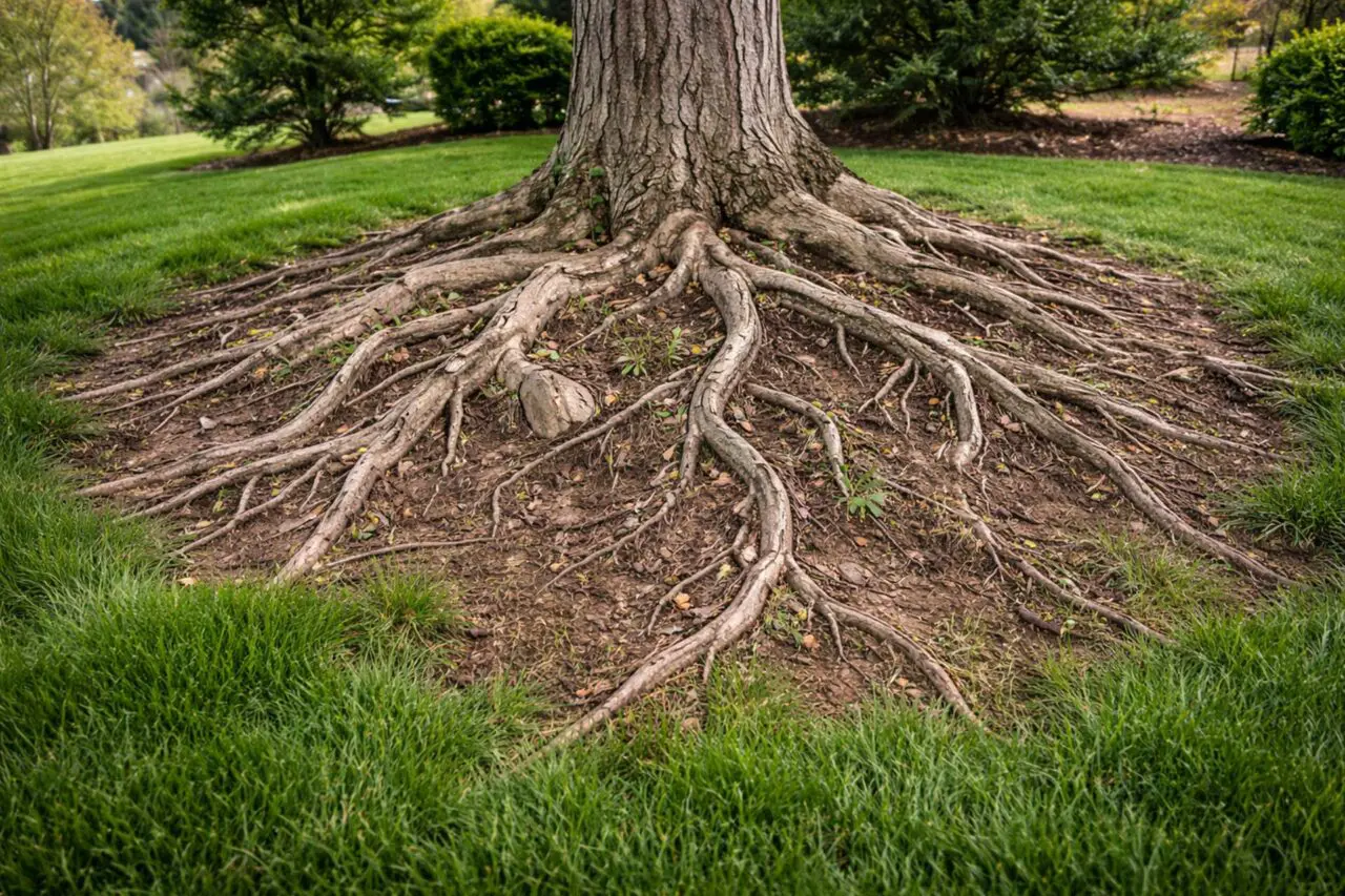 Surface roots from a mature maple tree spread widely across the soil, competing with surrounding turf for water and nutrients.