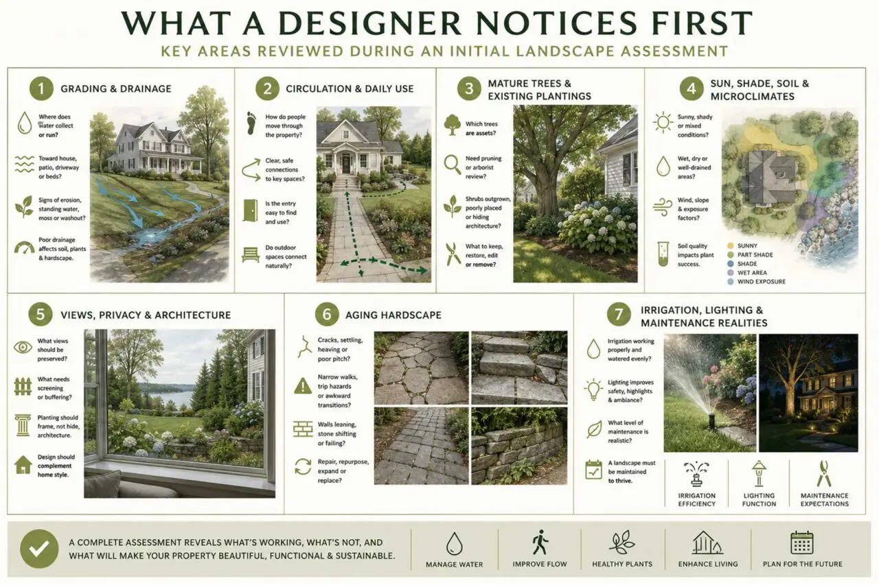 A landscape assessment helps reveal the details homeowners often miss, from drainage and circulation to mature trees, hardscape, lighting, irrigation, privacy, and long-term maintenance needs.