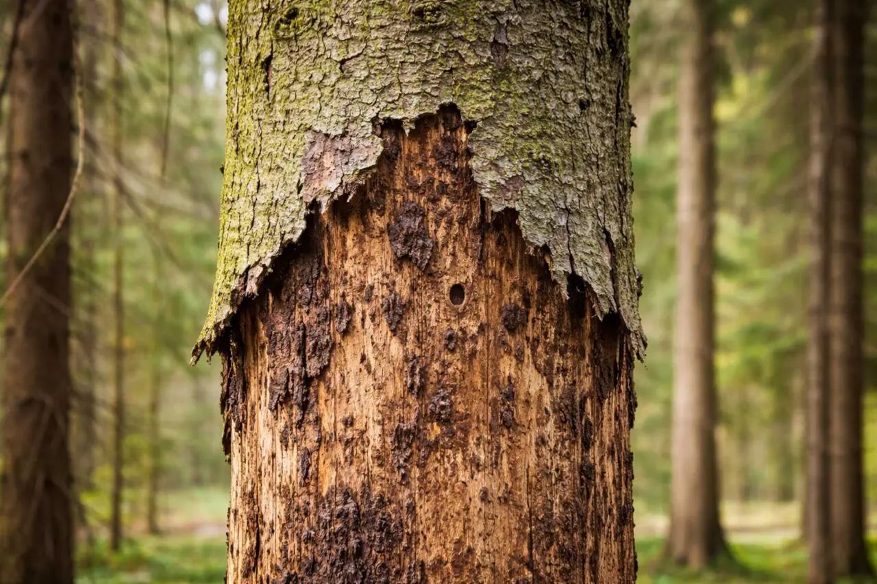 Extensive bark loss and visible decay along the trunk indicate significant structural decline, a common sign that the tree is under severe stress and may no longer be able to maintain healthy growth.