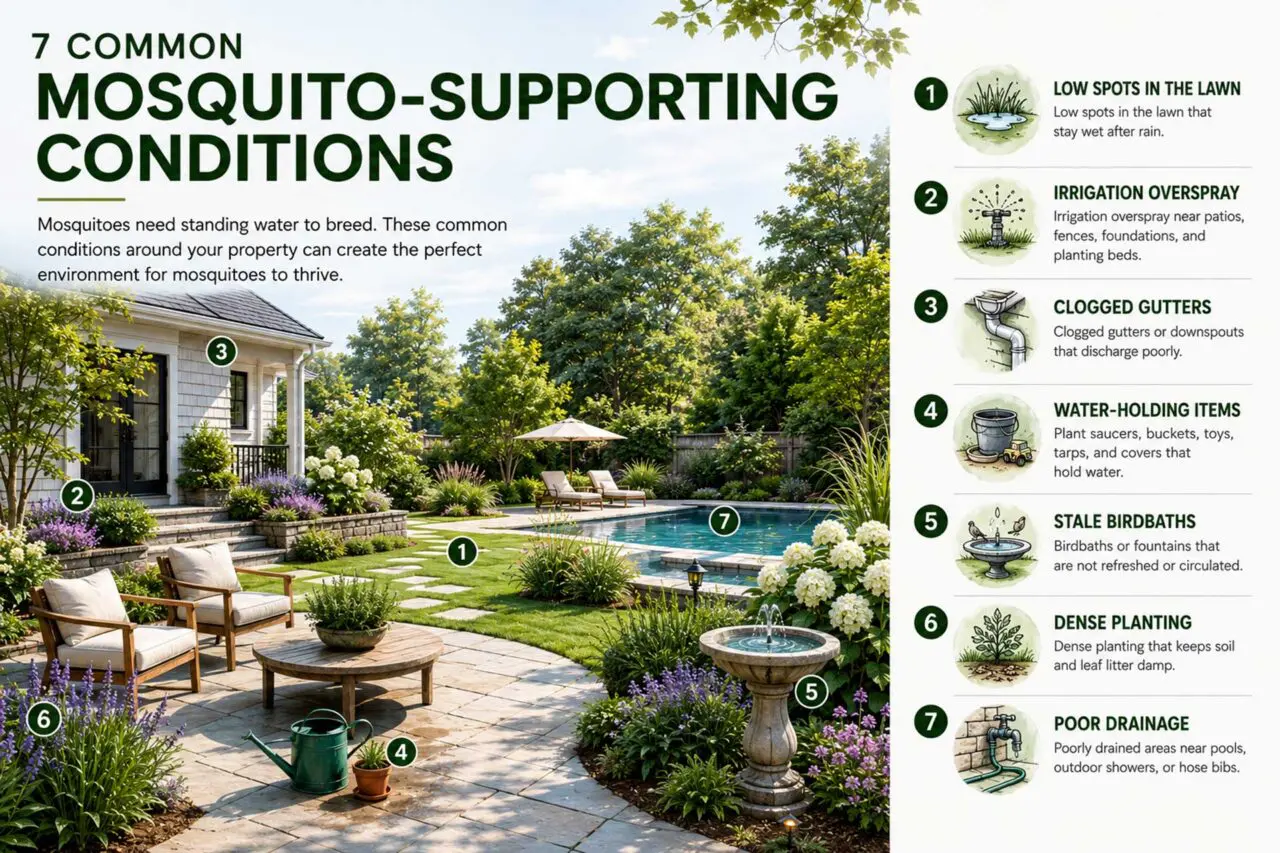 Infographic showing seven common mosquito-supporting conditions around a New England property, including standing water, irrigation overspray, clogged gutters, dense planting, and poor drainage.