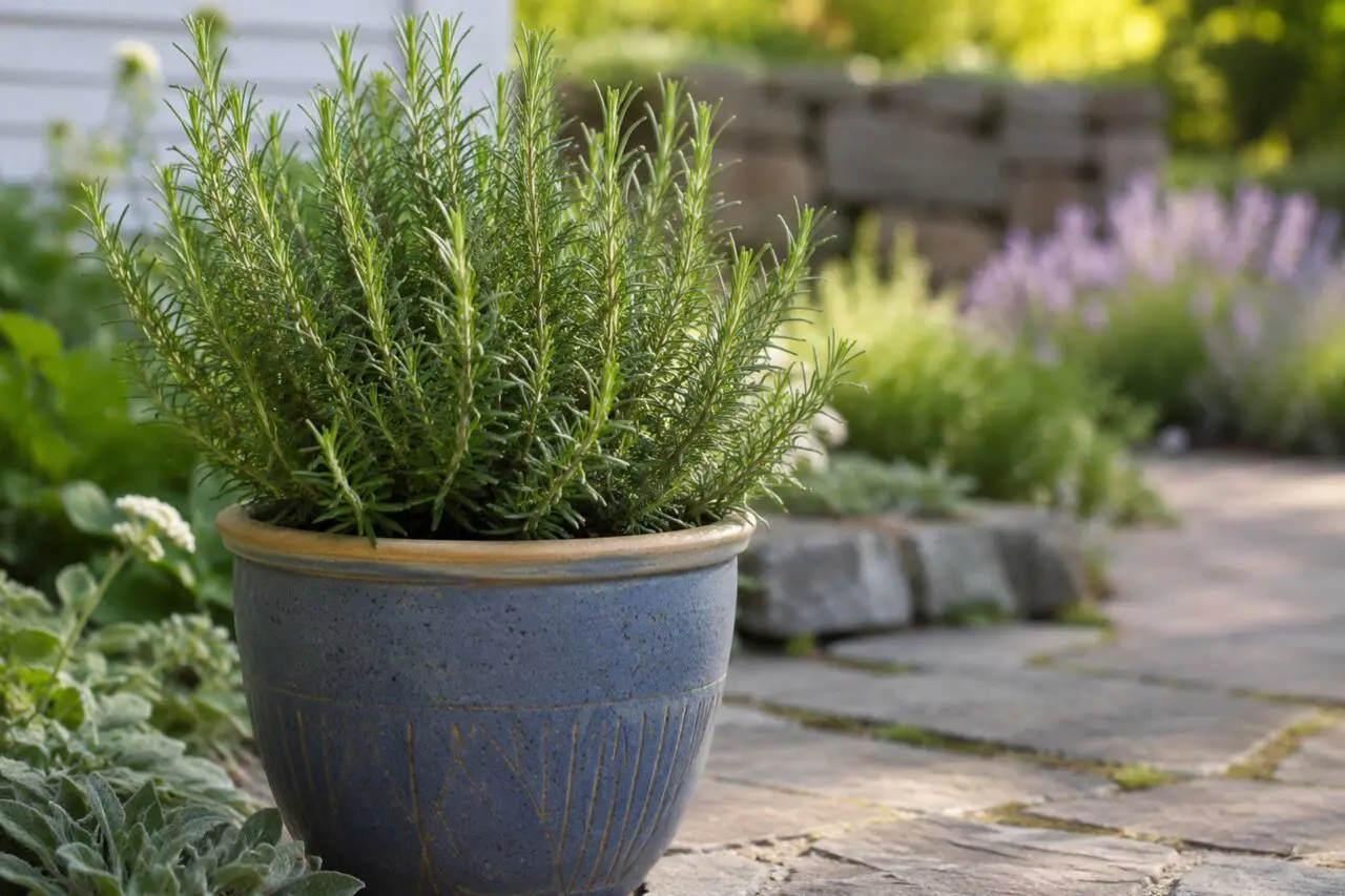 Outdoor container filled with rosemary and companion herbs, adding fragrant texture and practical seasonal planting near patios, kitchens, or gathering areas.