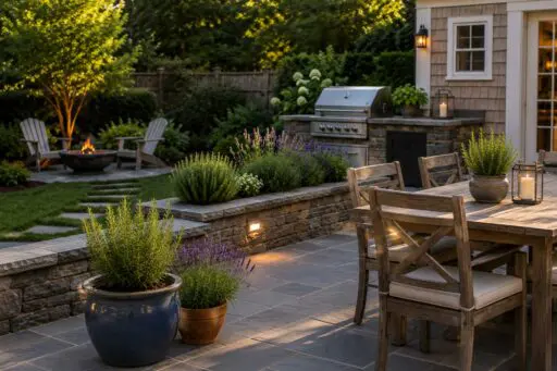 Lush Wayland, MA backyard with a stone patio, pool, outdoor kitchen, fire feature, and layered planting designed for comfortable summer outdoor living.