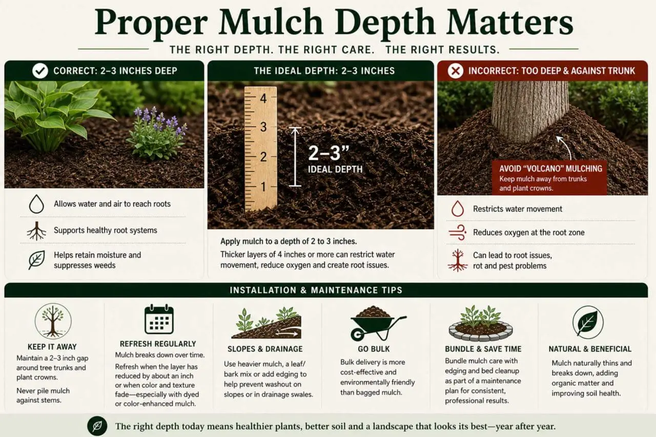 Proper mulch depth helps planting beds perform as intended: a 2 to 3 inch layer supports moisture retention and root health, while excess mulch against trunks or stems can create long-term problems.
