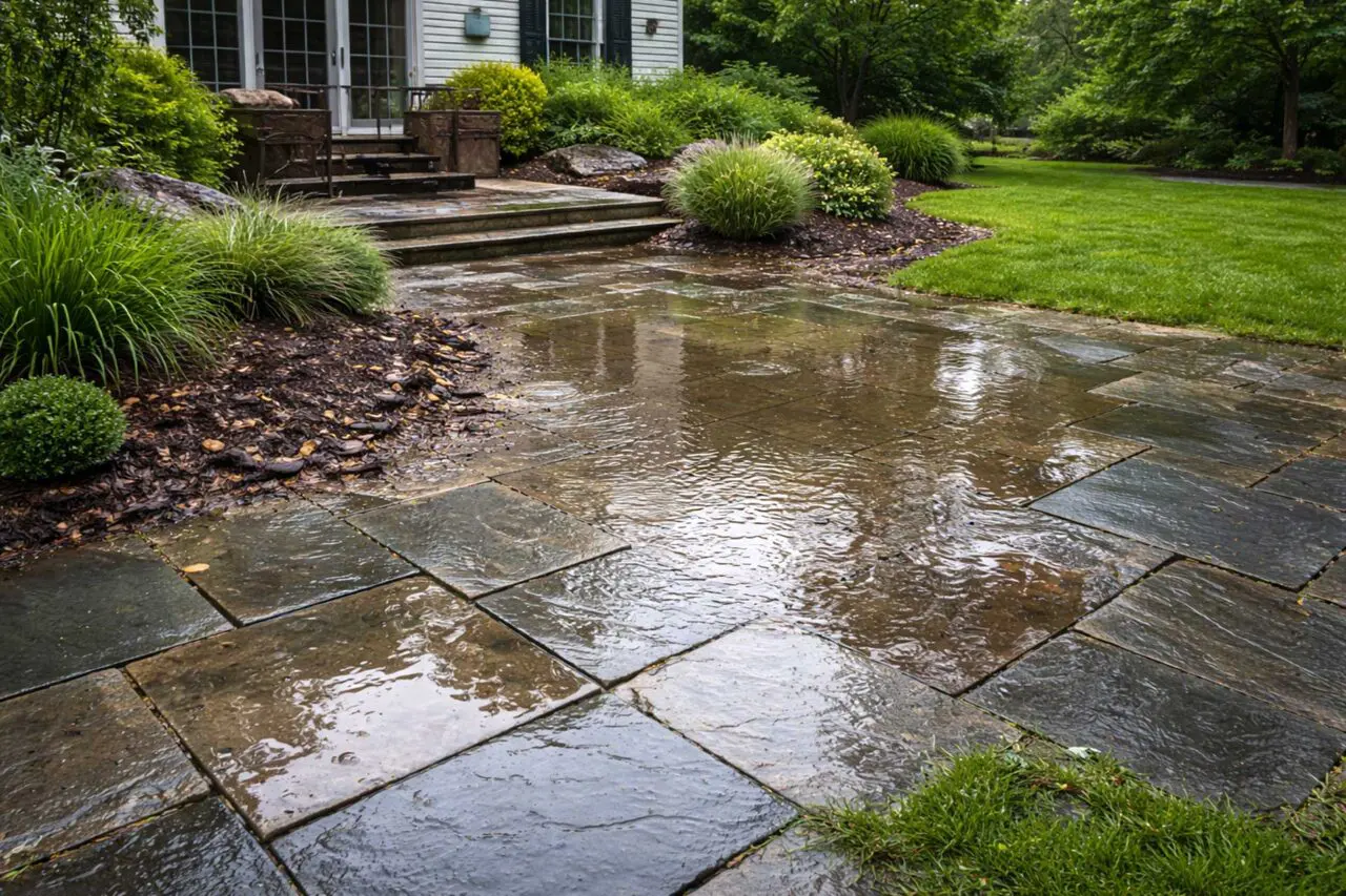 Standing water across a Wayland lawn highlights poor grading and slow soil infiltration after rainfall, signaling the need for professional landscape drainage.