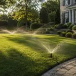 Professional irrigation system watering a lush Boston-area lawn with mature trees, clipped shrubs, stonework, and a refined New England home in the background.