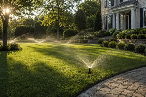 Professional irrigation system watering a lush Boston-area lawn with mature trees, clipped shrubs, stonework, and a refined New England home in the background.
