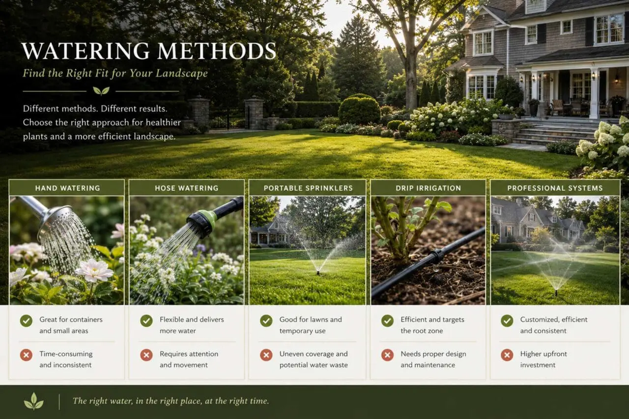 Hand Watering, Hose Watering, Sprinklers, Drip Irrigation, and Professional Systems