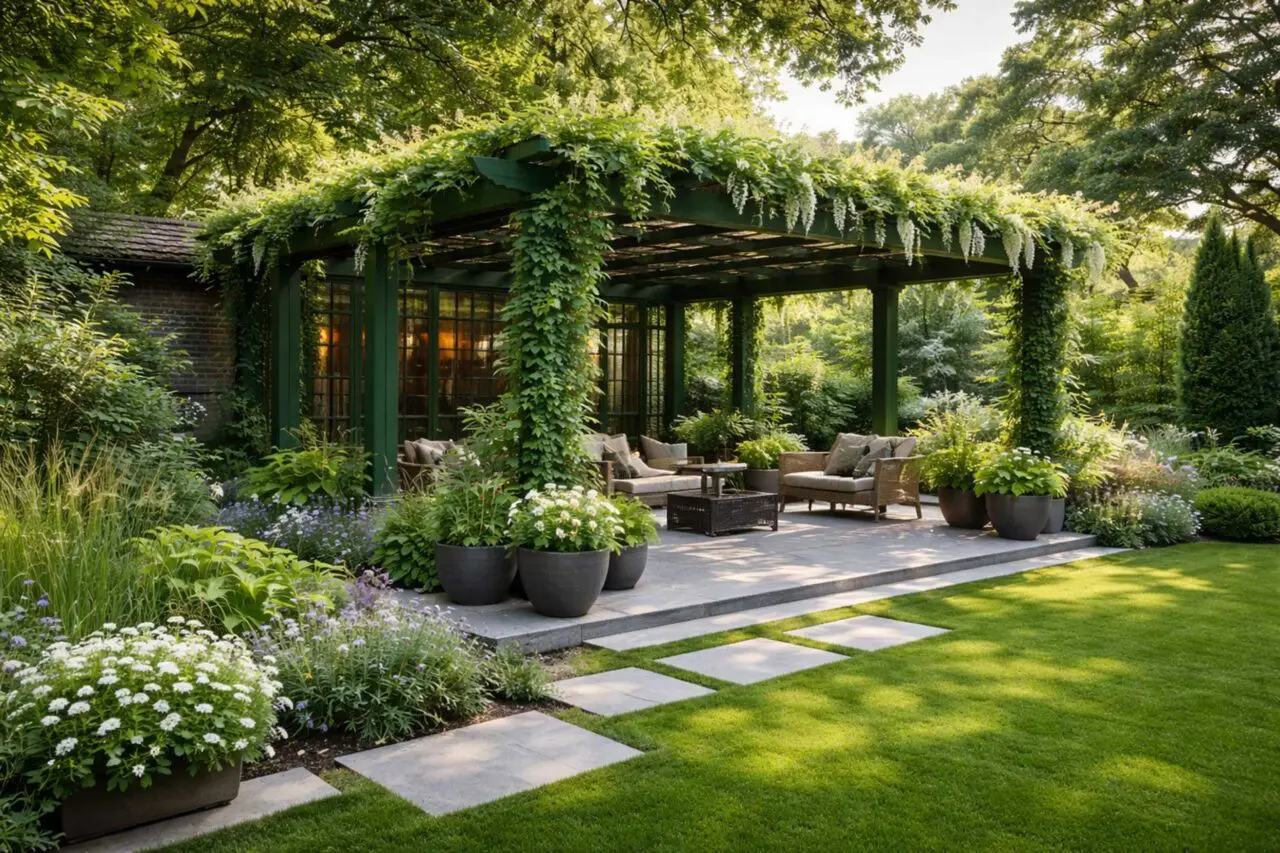 A vine-covered pergola wrapped in cascading greenery creates a shaded garden retreat, seamlessly blending structure and planting into one cohesive outdoor room.
