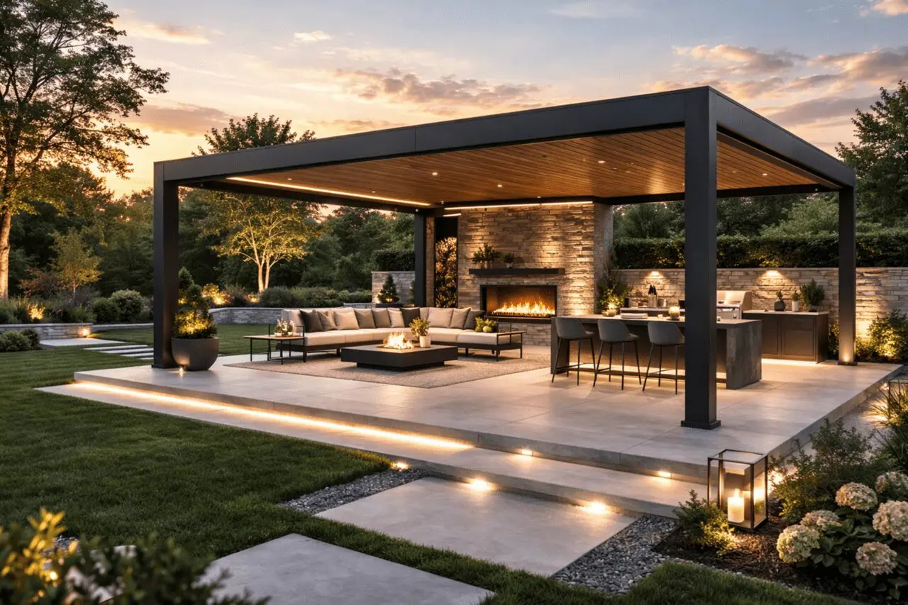 A sleek modern steel pavilion anchors the space with clean lines, strong vertical columns, and a minimalist roof profile that defines the outdoor room with architectural clarity.
