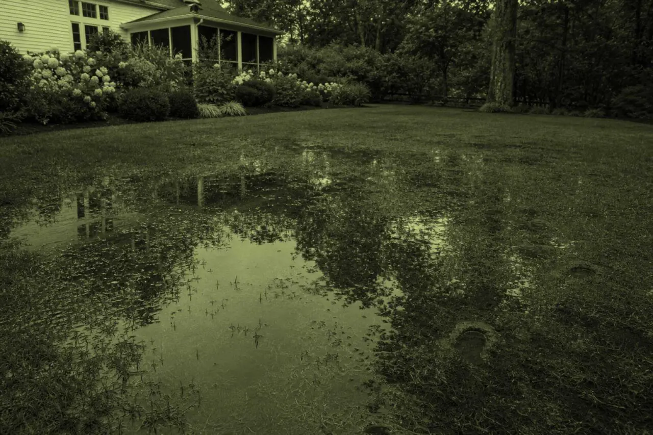 Sudbury, MA - Standing rainwater pools across a saturated backyard lawn after a storm.