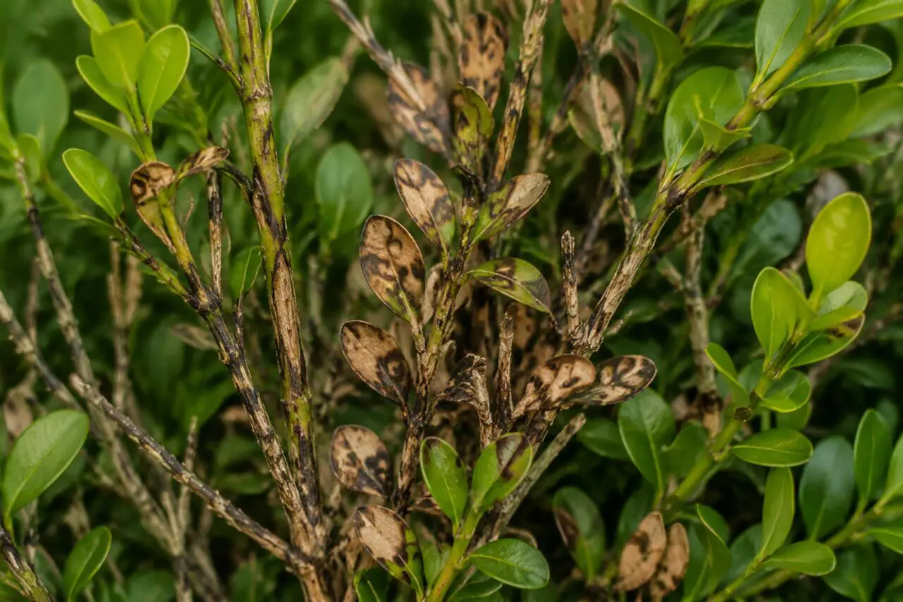 Close-up of boxwood blight showing brown leaf lesions, dark stem streaking, and damaged foliage.