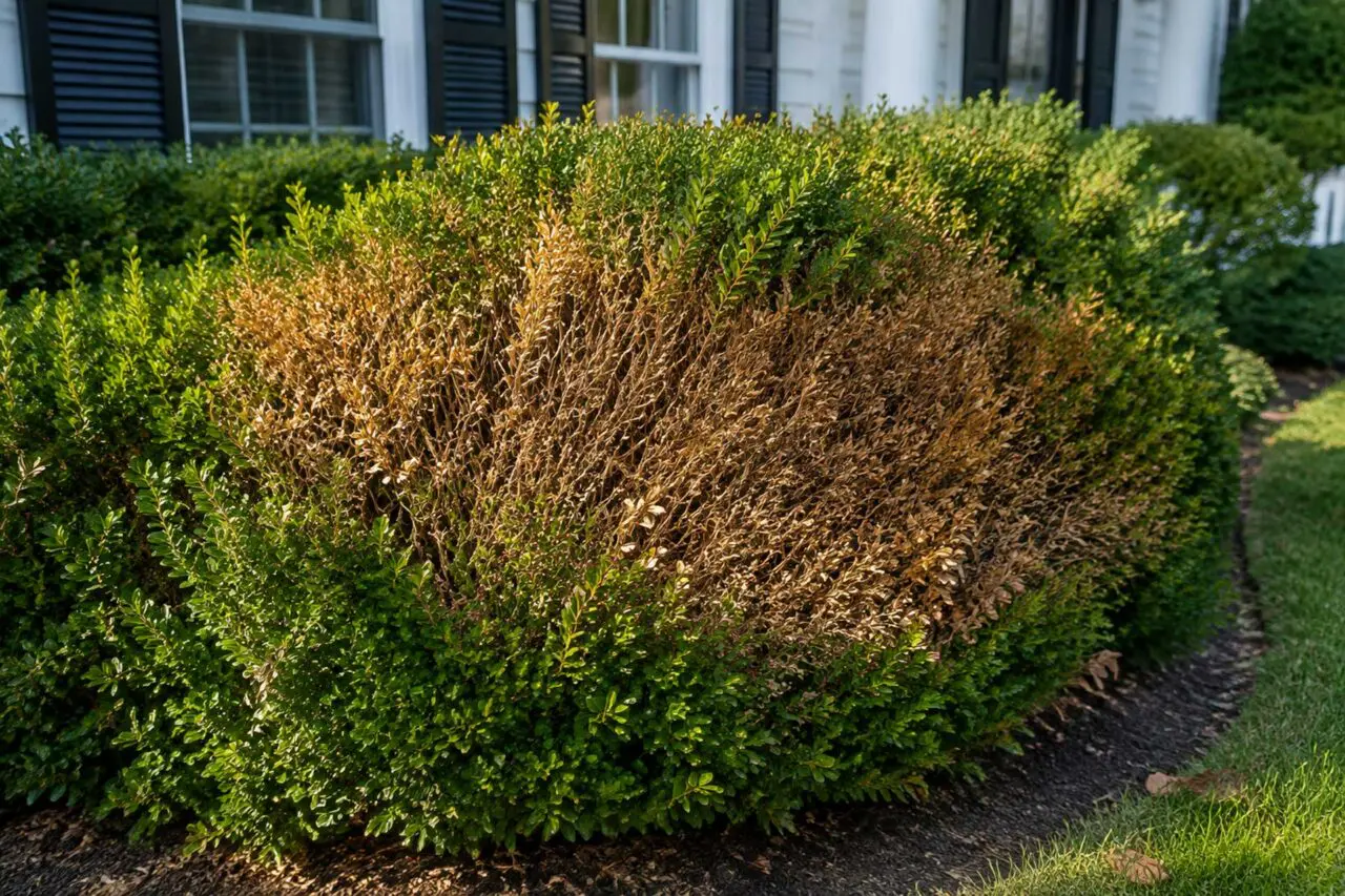 Winter burn causes brown, dried foliage on an established boxwood while surrounding growth remains green.