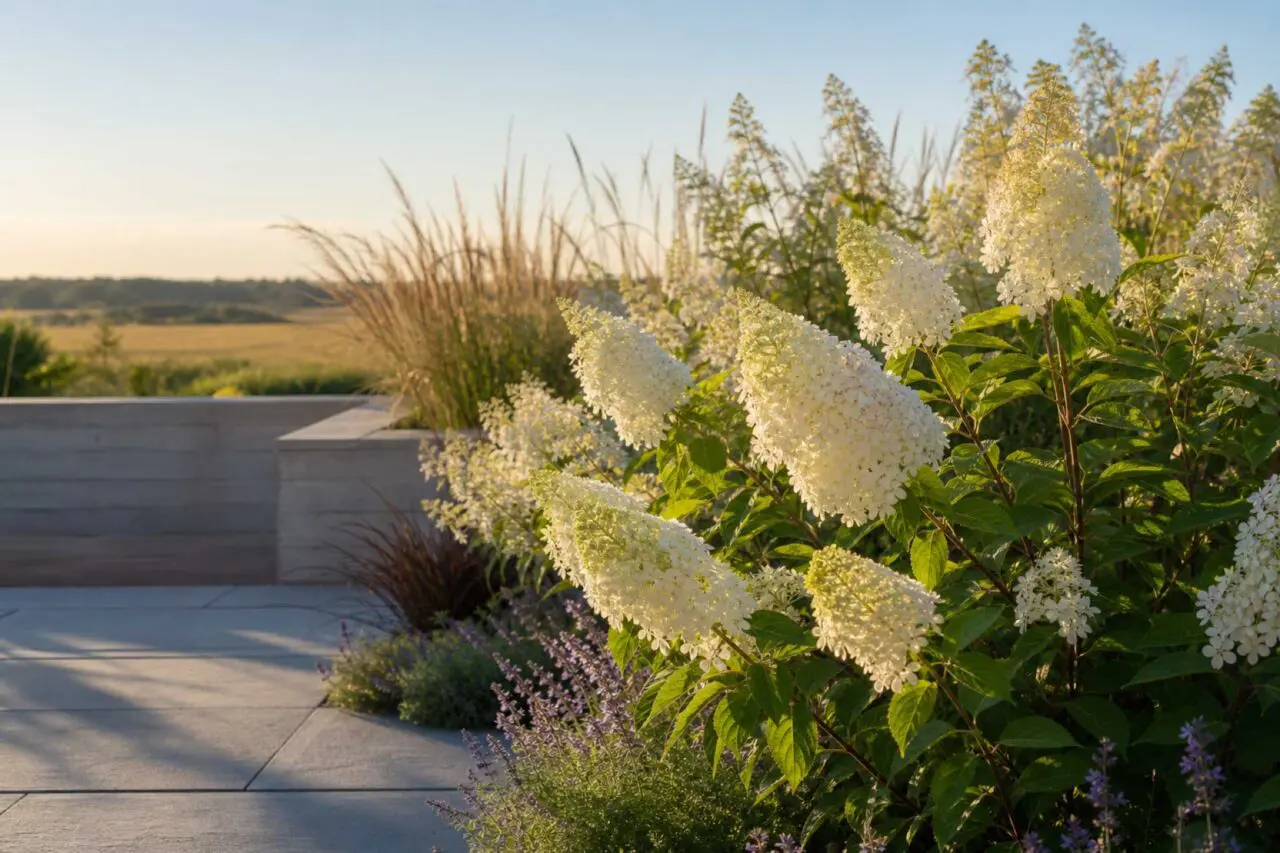 Panicle hydrangeas: White, cone-shaped panicle hydrangea (Hydrangea paniculata) flowers rise above a sunny garden. They bloom on new wood and often age to pink or rose.