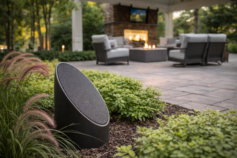A low-profile landscape speaker is discreetly nestled within the planting bed, delivering rich outdoor audio while blending seamlessly into the surrounding greenery and patio design.