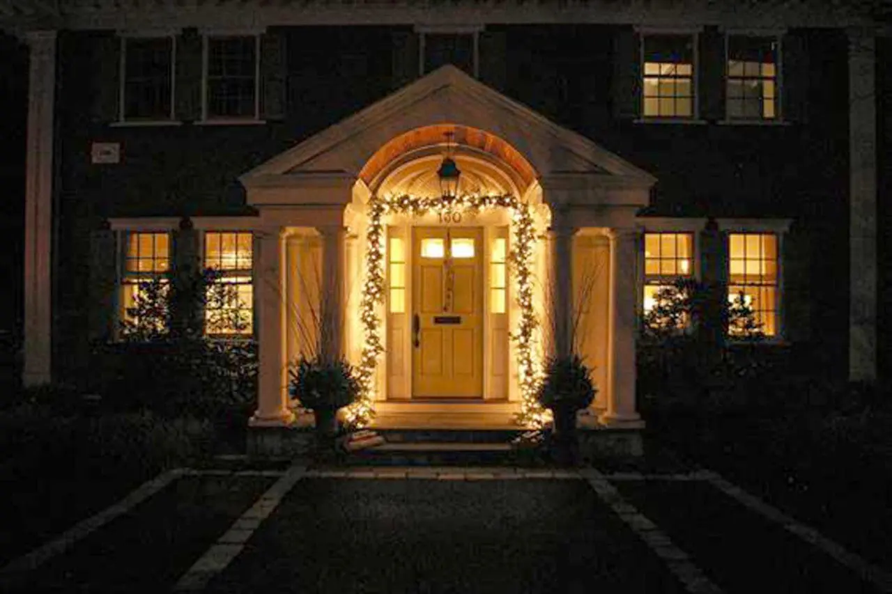 lit garland around the main entrance