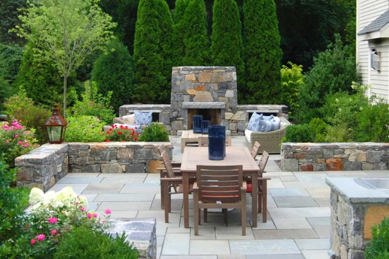 Dover, MA - Plants and stone combine to create a backyard retreat.