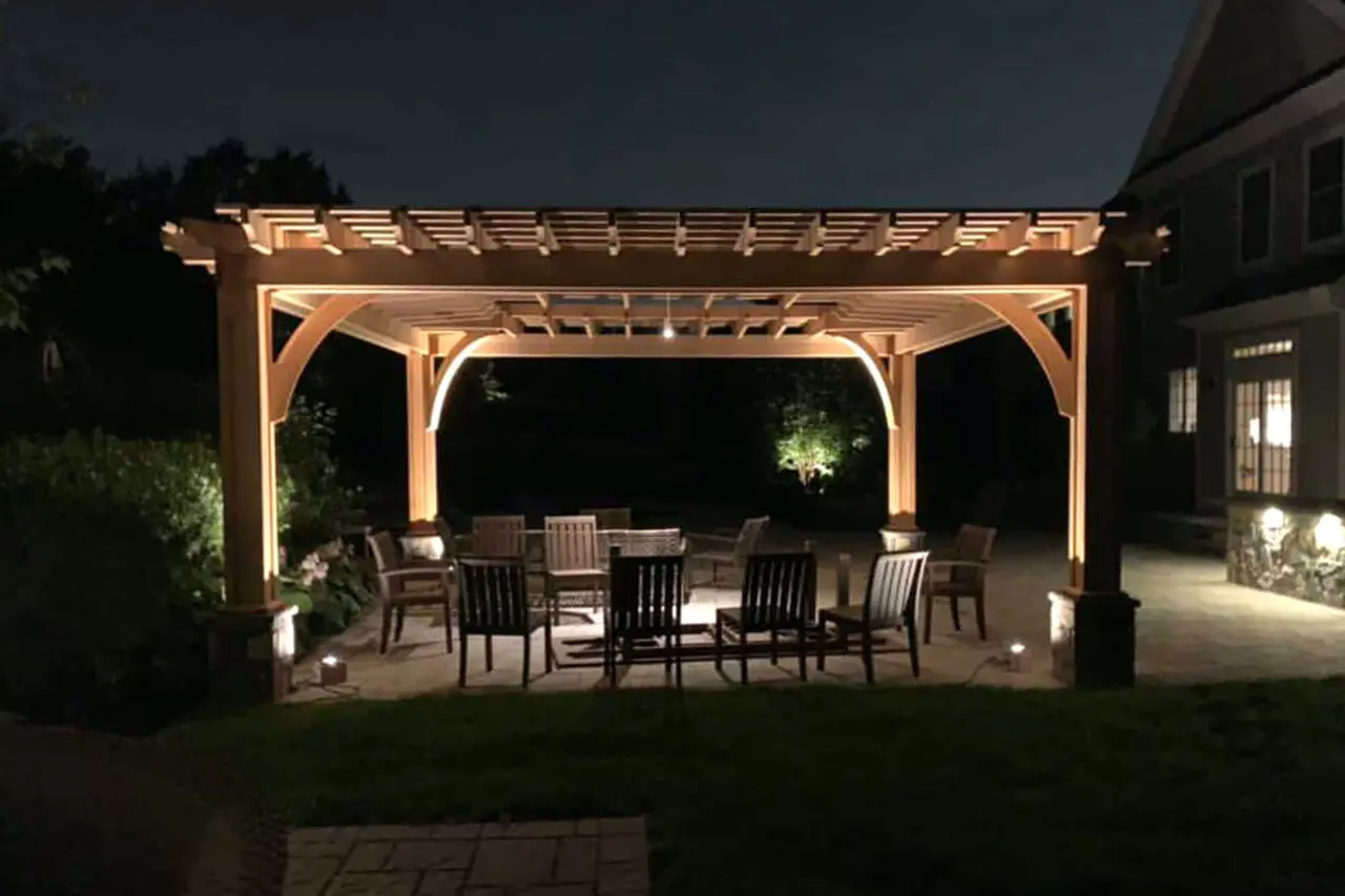 Pergola lighting creates a welcoming dining space, supporting outdoor meals and gatherings well into the evening.