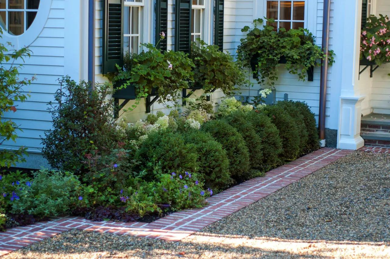 Boxwood foundation beds paired with window boxes reinforce symmetry and scale, grounding this classic colonial with year-round greenery and seasonal accents.