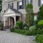 Mixed foundation shrubs surround this historic Brookline, MA entry, balancing evergreen mass with varied textures to complement architecture and create a welcoming approach.