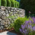 A dry-laid fieldstone retaining wall defines the garden edge, using irregular, hand-set stone to manage a subtle grade change while creating a low, natural boundary with a relaxed, timeless character.