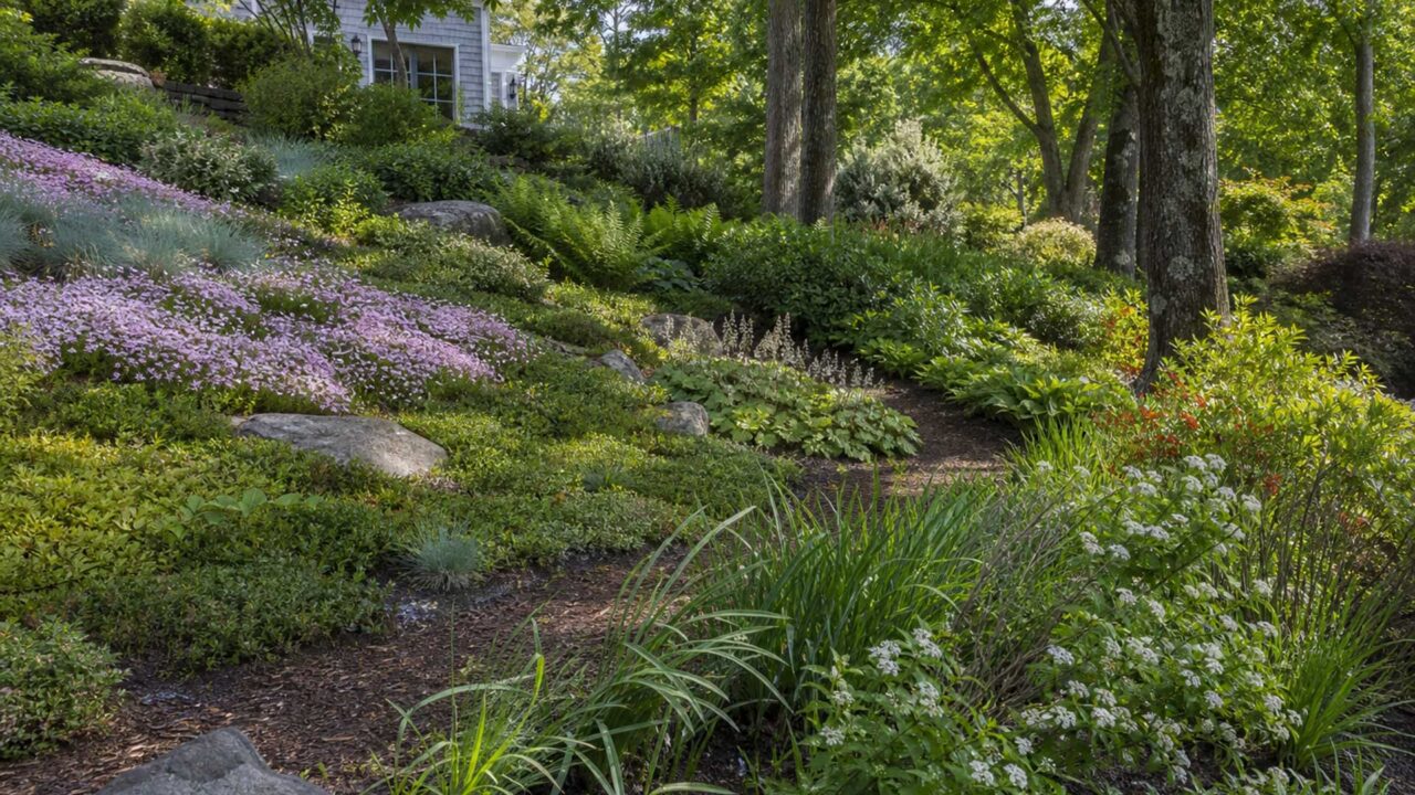 Layered ground covers, grasses, perennials, and shrubs help stabilize this Massachusetts slope while responding to changing sun and moisture conditions.