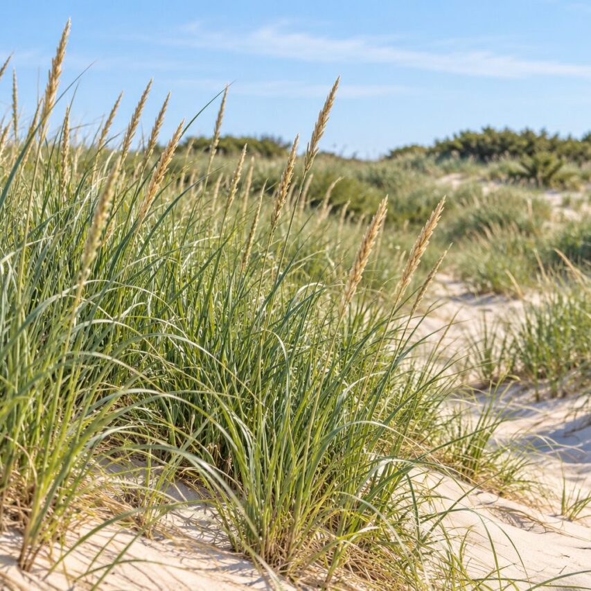 American Beachgrass grows across sandy dunes, its slender foliage and upright seed heads reflecting the natural character of Massachusetts coastal landscapes.