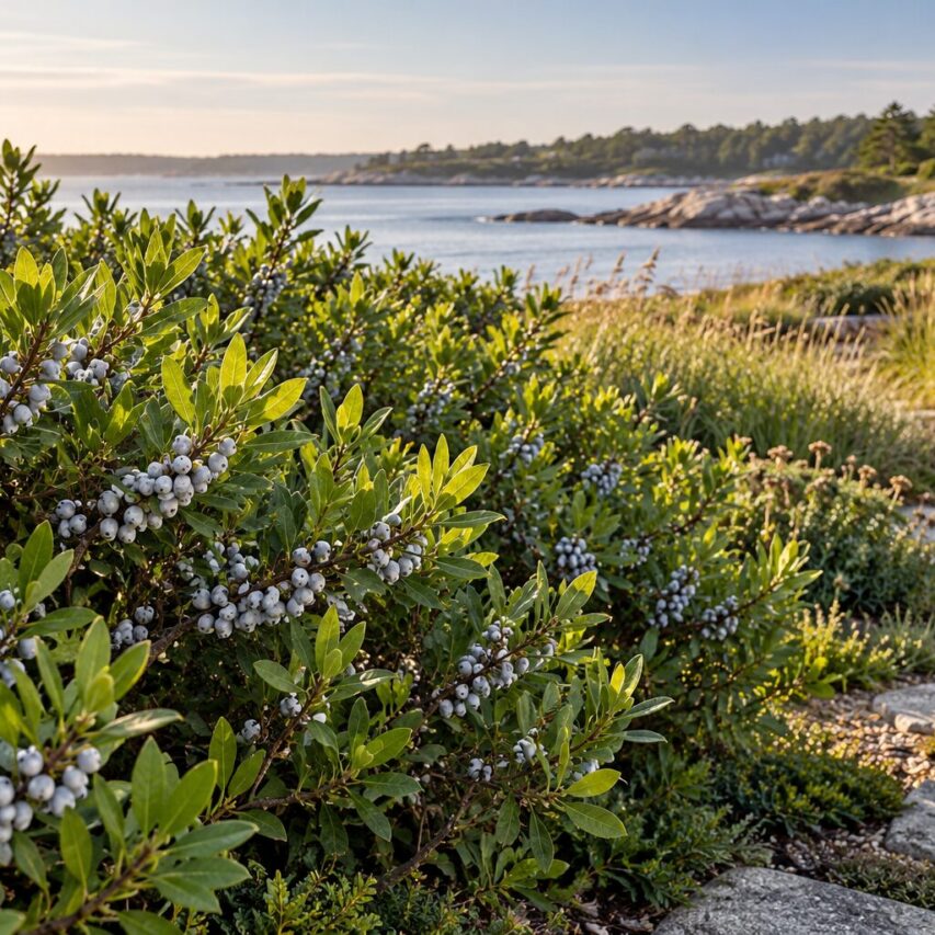 Northern Bayberry’s dense green foliage and silvery berries frame a seaside garden path, connecting the designed landscape with its coastal surroundings.