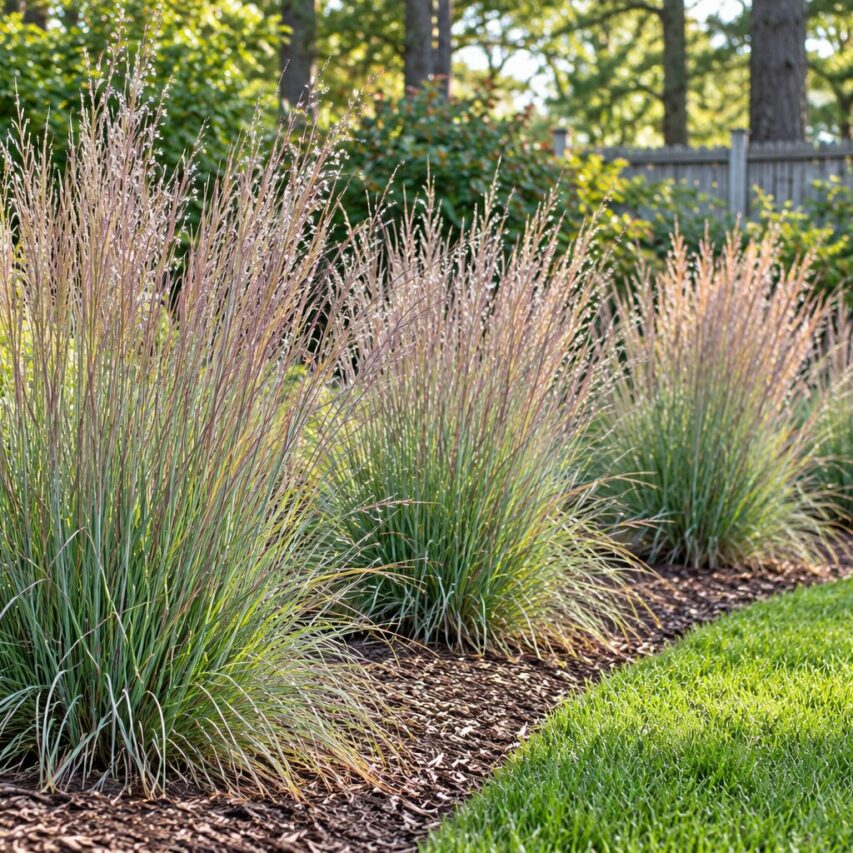 Little Bluestem adds fine texture and soft color to a defined garden border, bringing a natural coastal planting style into a maintained New England yard.