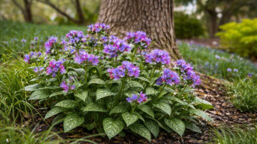 Lungwort (Pulmonaria) features softly speckled leaves covered in coarse hairs, a texture that helps deter deer and rabbits while adding early-season color to shaded garden beds.